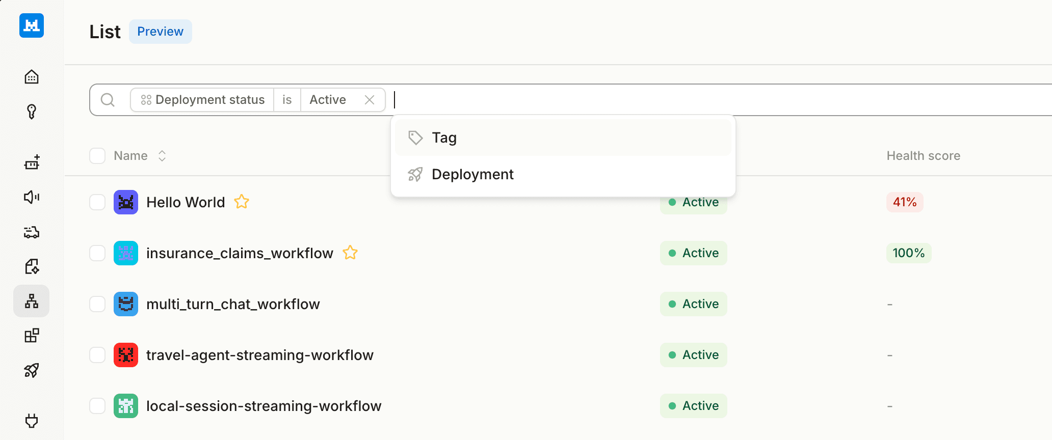 Workflows list view with new filter components and favorite workflows