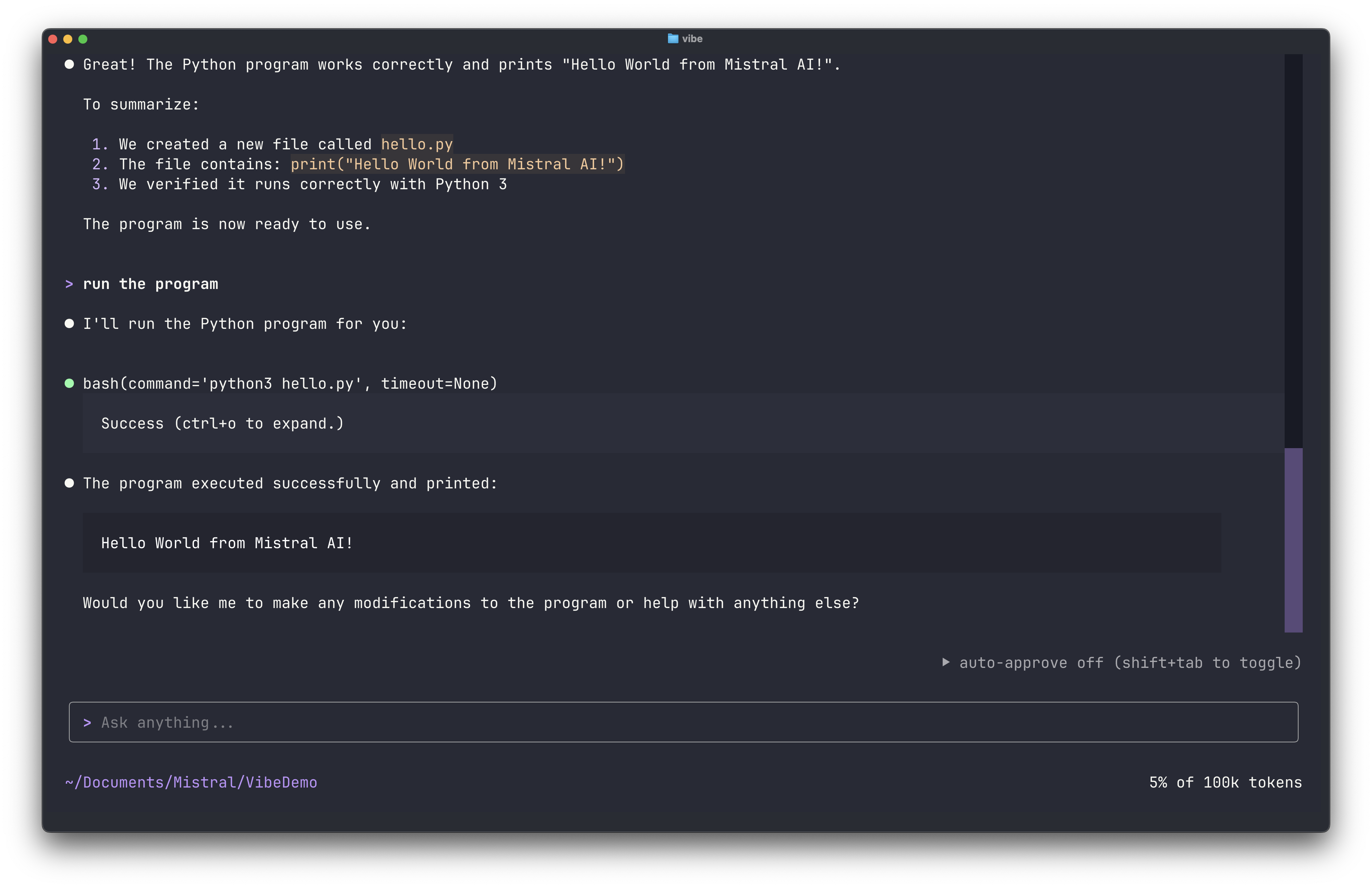 vibe_displaying_generated_output_and_completed_steps